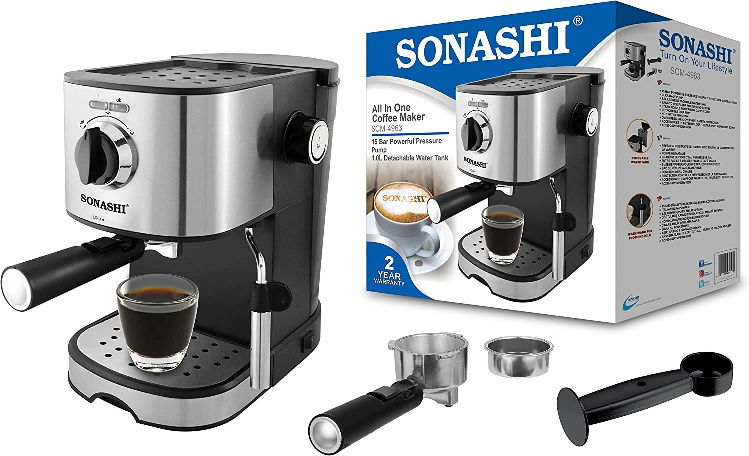 Cafetière Expresso 1.0L 15 Bars Sonashi SCM-4963 – Image 2