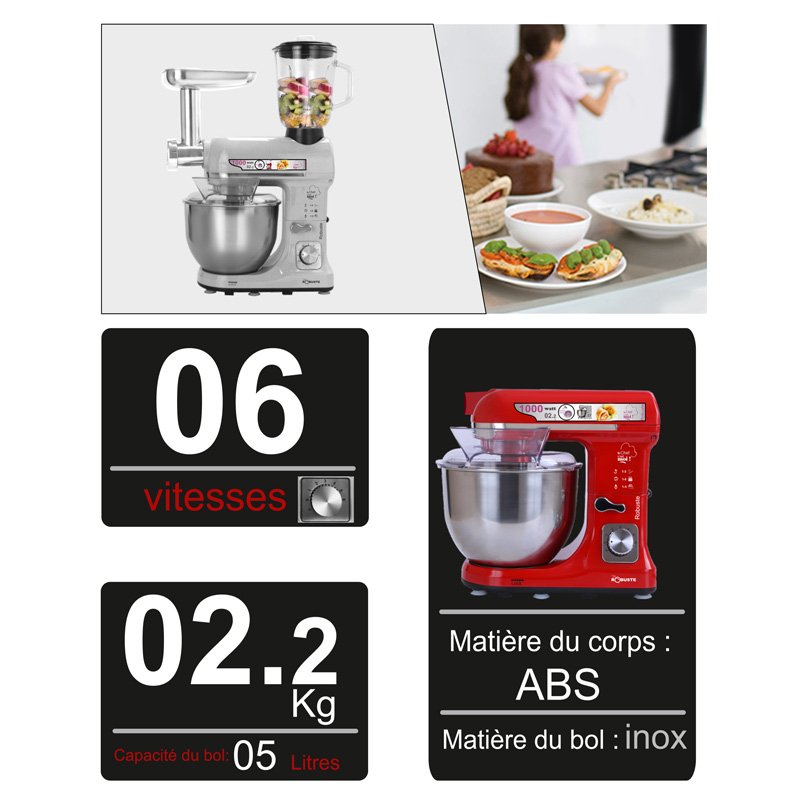 Robot Pétrin 3 en 1 inox 5L 1000 W 06Vitesses GRIS Robuste RPM37 – Image 2