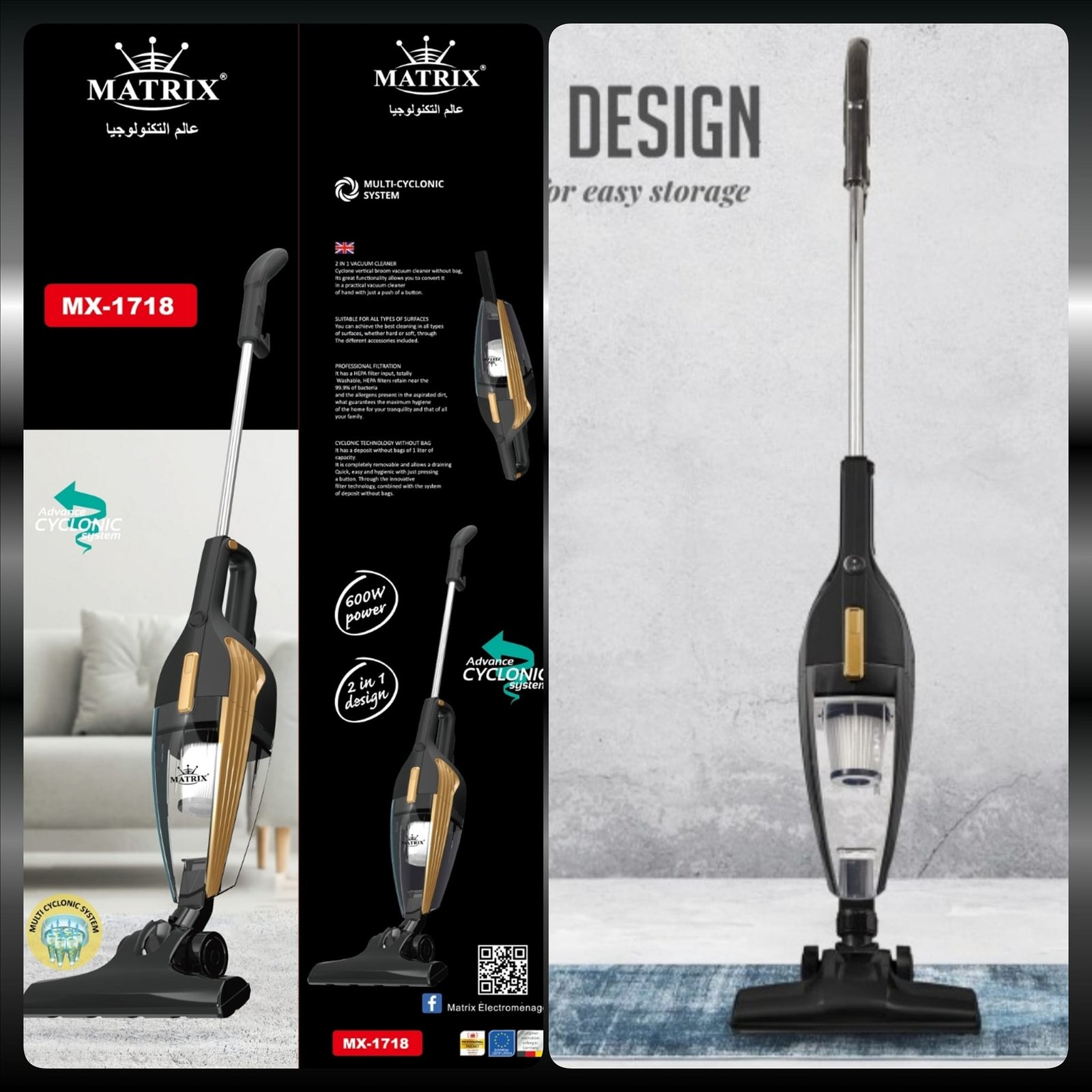 ASPIRATEUR BALAI 2 en 1 – 600W Noir et Doré Matrix MX-1718