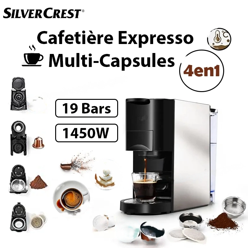 Machine a Café INOX Multi-Capsules 4 En 1 -1450W - 19 Bar 0.8L SilverCrest